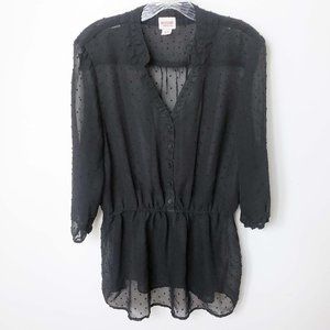 Mossimo Women's Black Half Button Semi Sheer Textured Shirt Top Blouse Tunic